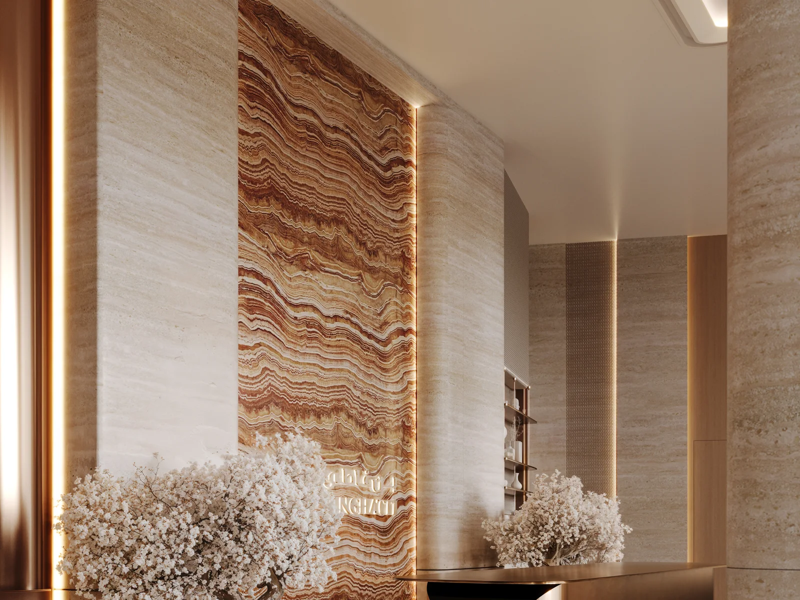 Binghatti Skyflame, Lobby mit Onyx-Wand