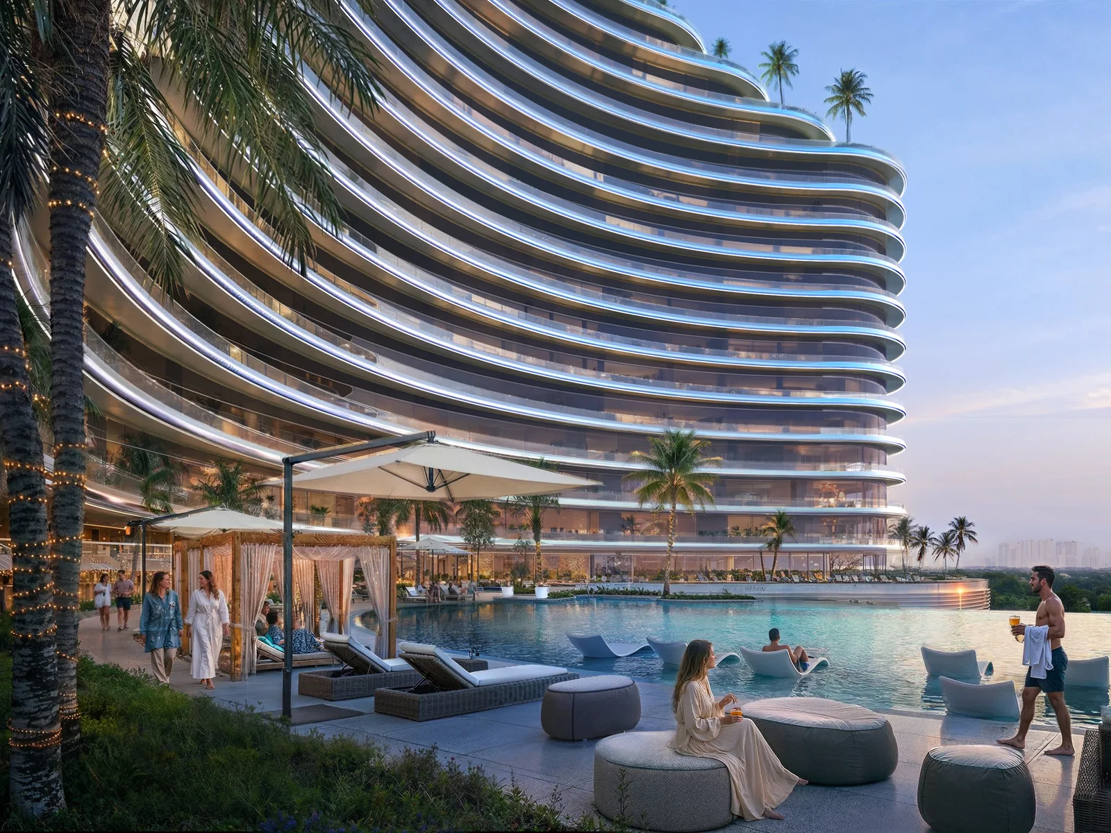 Binghatti Skyflame, Pool-Deck mit Liegen und Palmen