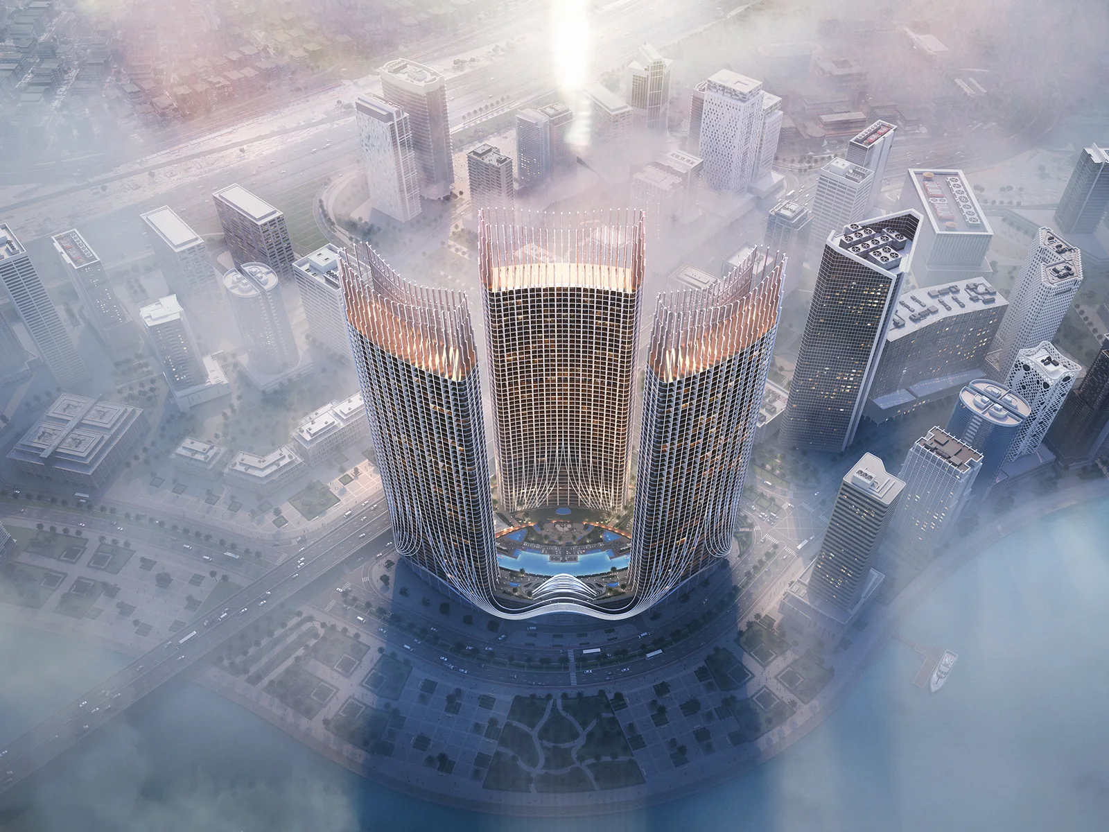 Binghatti Skyrise, Top-down-Luftbild der T&uuml;rme und des Podiums