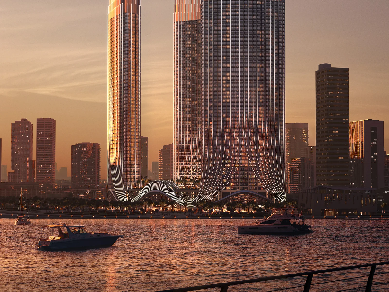 Binghatti Skyrise, Sonnenuntergang am Dubai Canal mit Boot