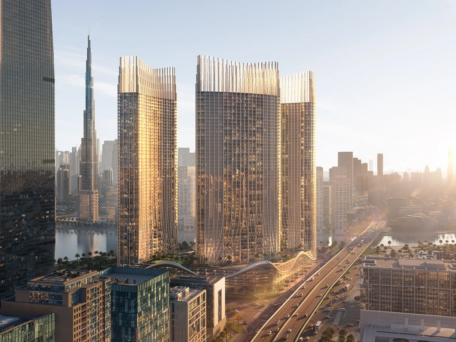 Binghatti Skyrise, T&uuml;rme mit Burj Khalifa und Stadt bei Tag