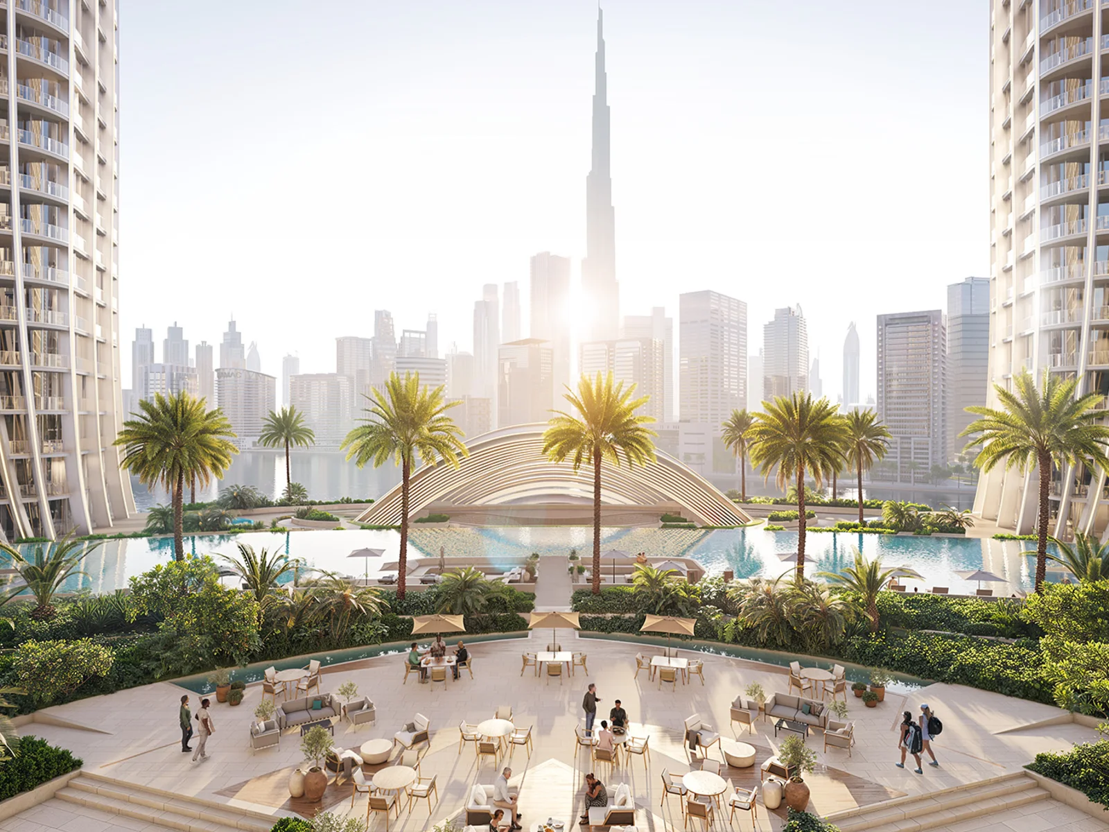 Binghatti Skyrise, Podium mit Pool und Burj-Khalifa-Blick zwischen den T&uuml;rmen