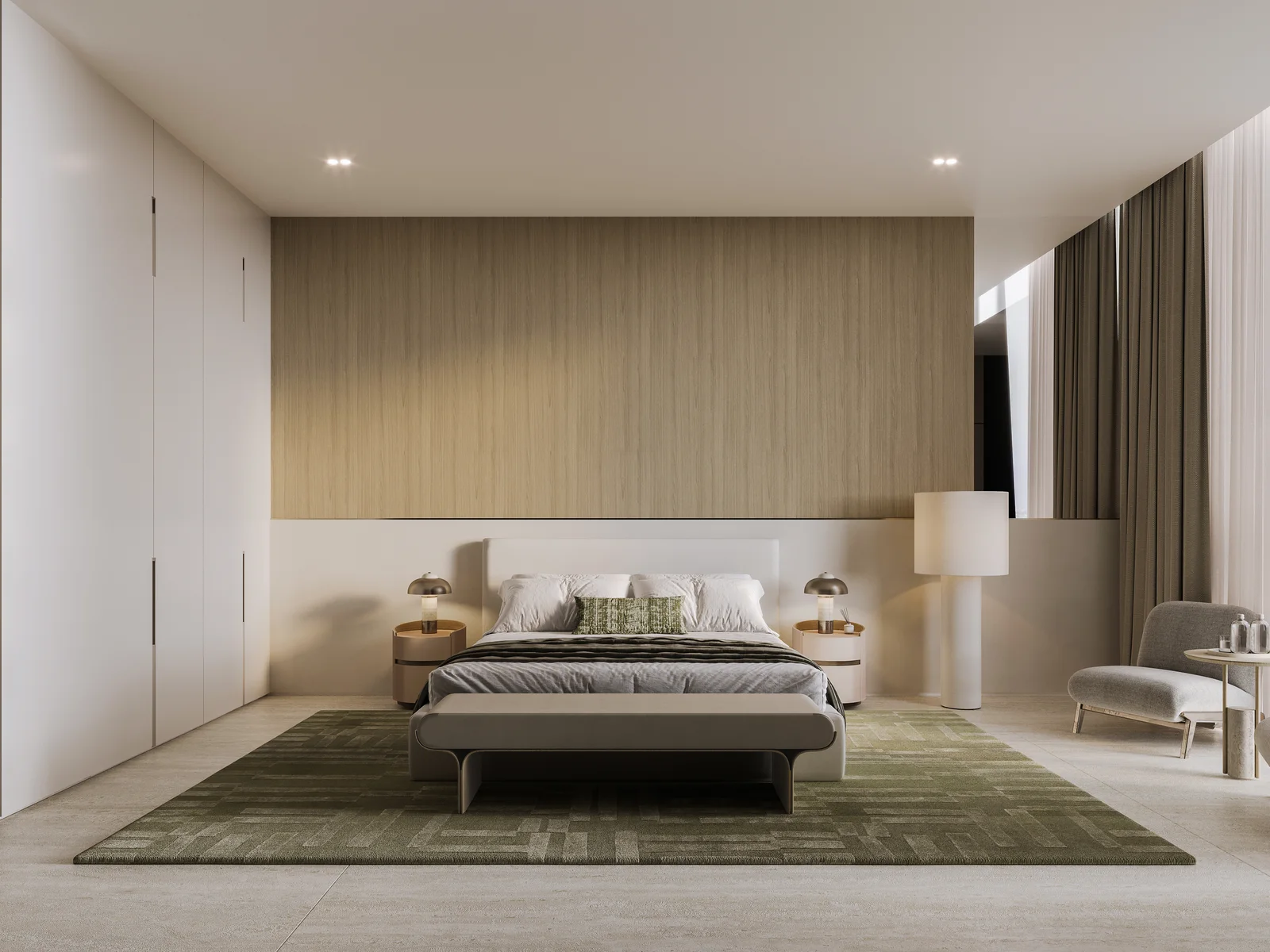 Binghatti Skyterraces, Schlafzimmer mit warmen Materialien