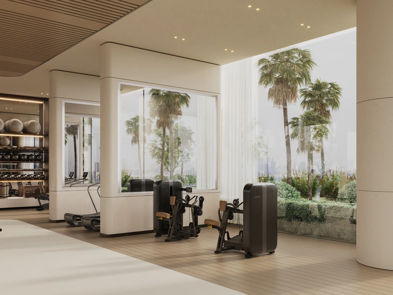 Binghatti Skyterraces, Indoor-Gym mit Gr&uuml;nblick