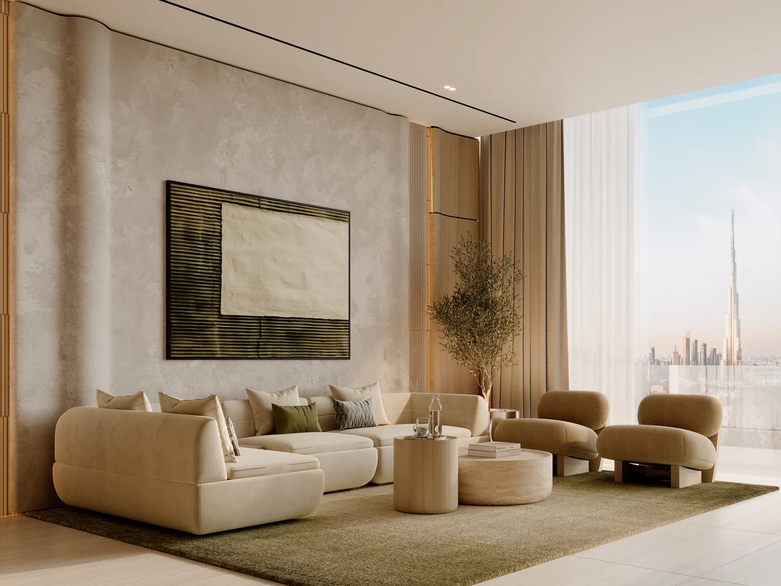 Binghatti Skyterraces, Wohnbereich mit Zugang zur tiefen Terrasse und Skyline-Blick