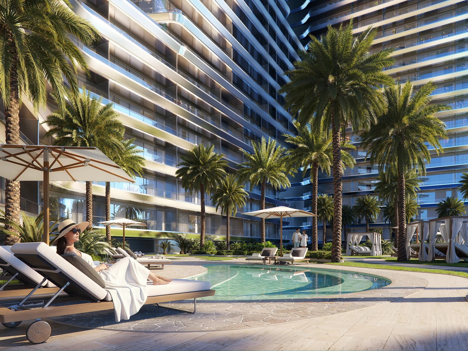 Binghatti Skyterraces, Pool-Deck mit Liegen und Palmen