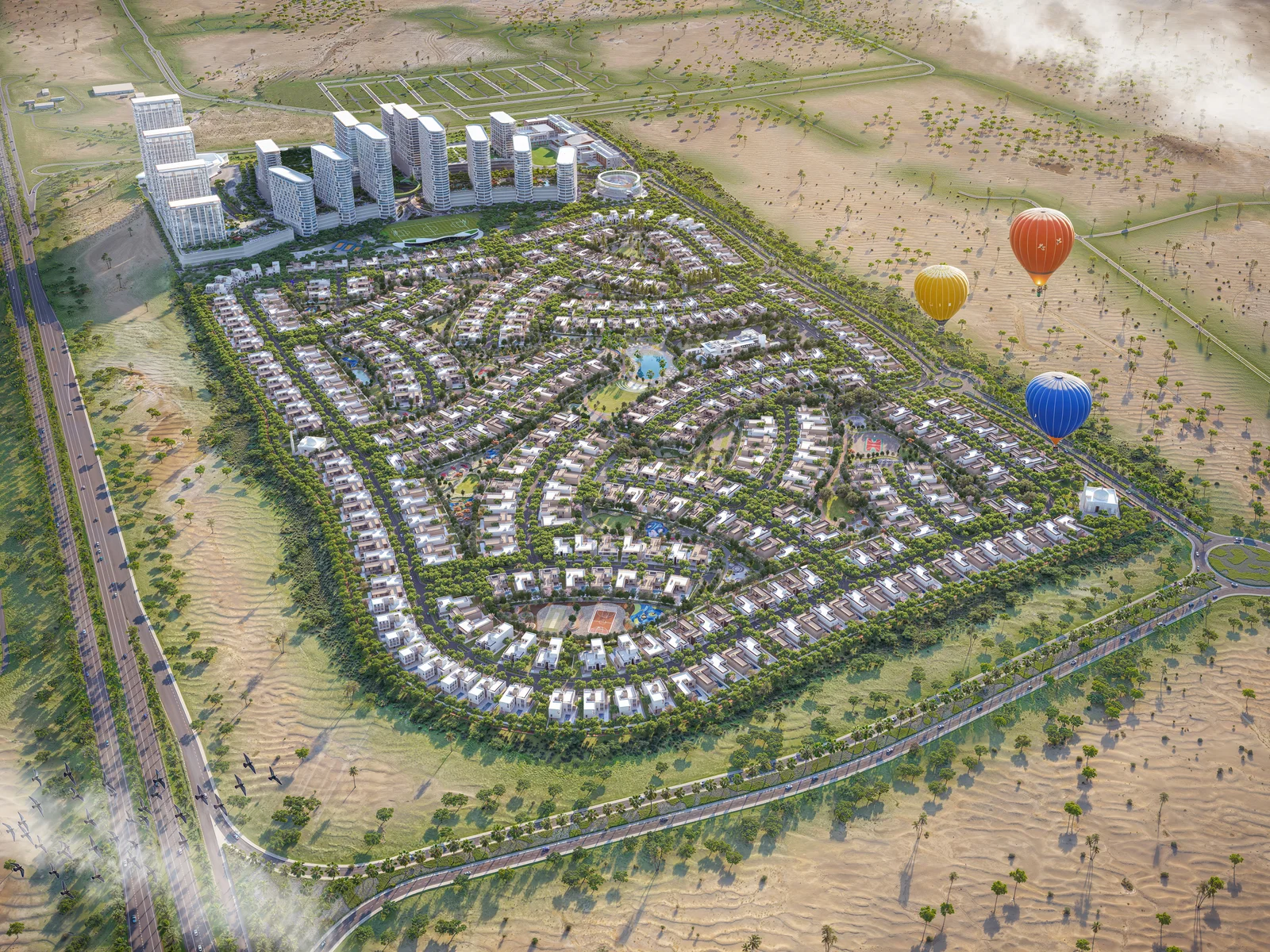 Sobha Elwood, aerial view of the forest villa community in Dubailand