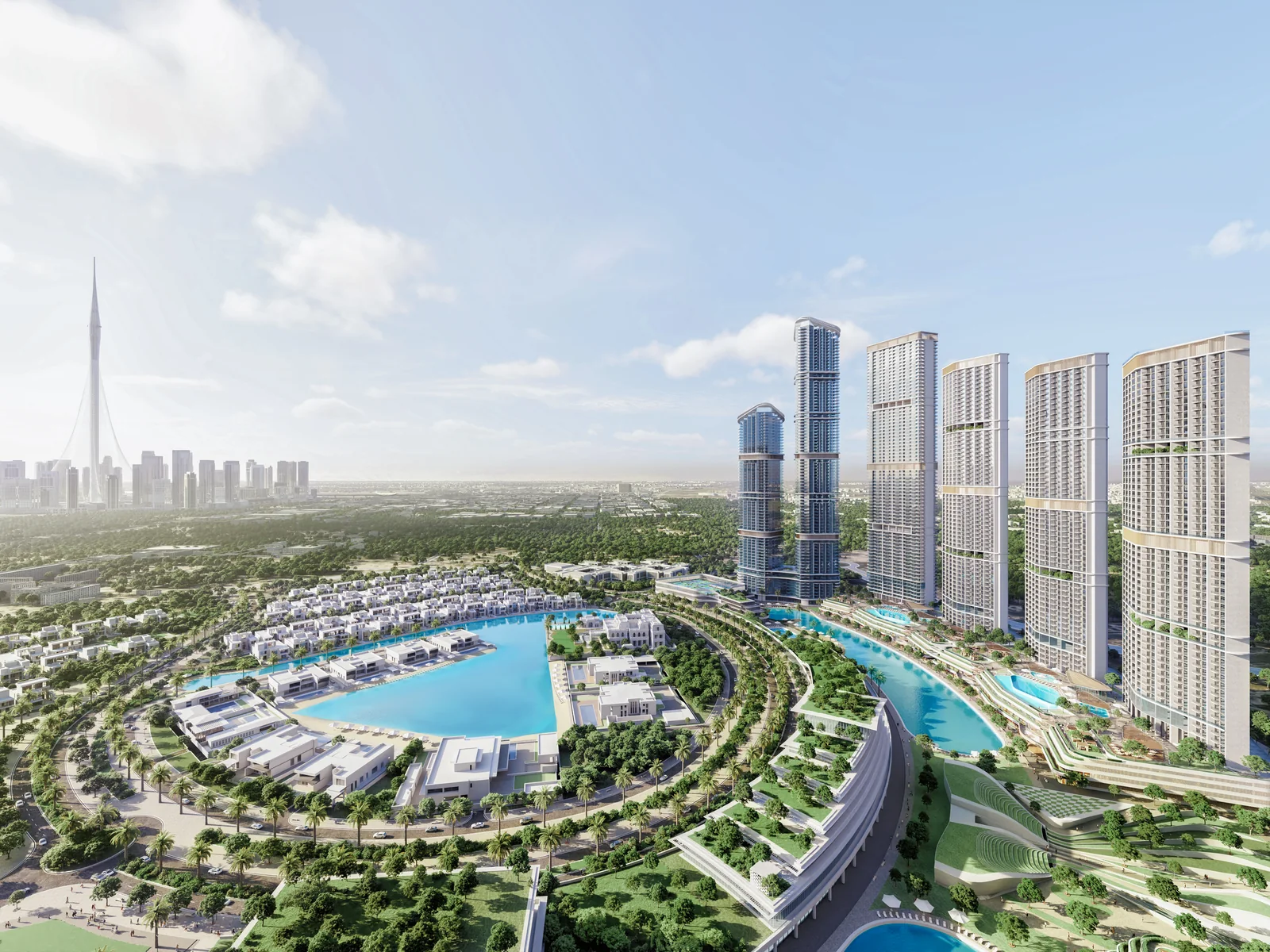 Sobha Hartland 2, Luftbild der Community mit Lagunen und Skyline