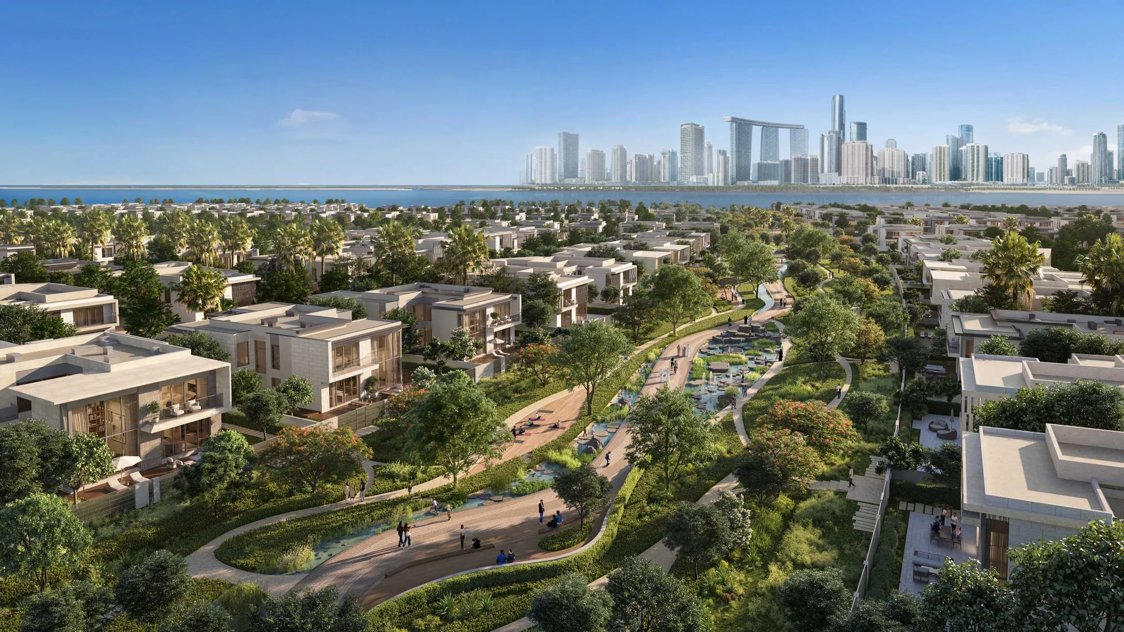 Luftaufnahme der Villengemeinde auf Saadiyat Island mit der Skyline von Abu Dhabi im Hintergrund