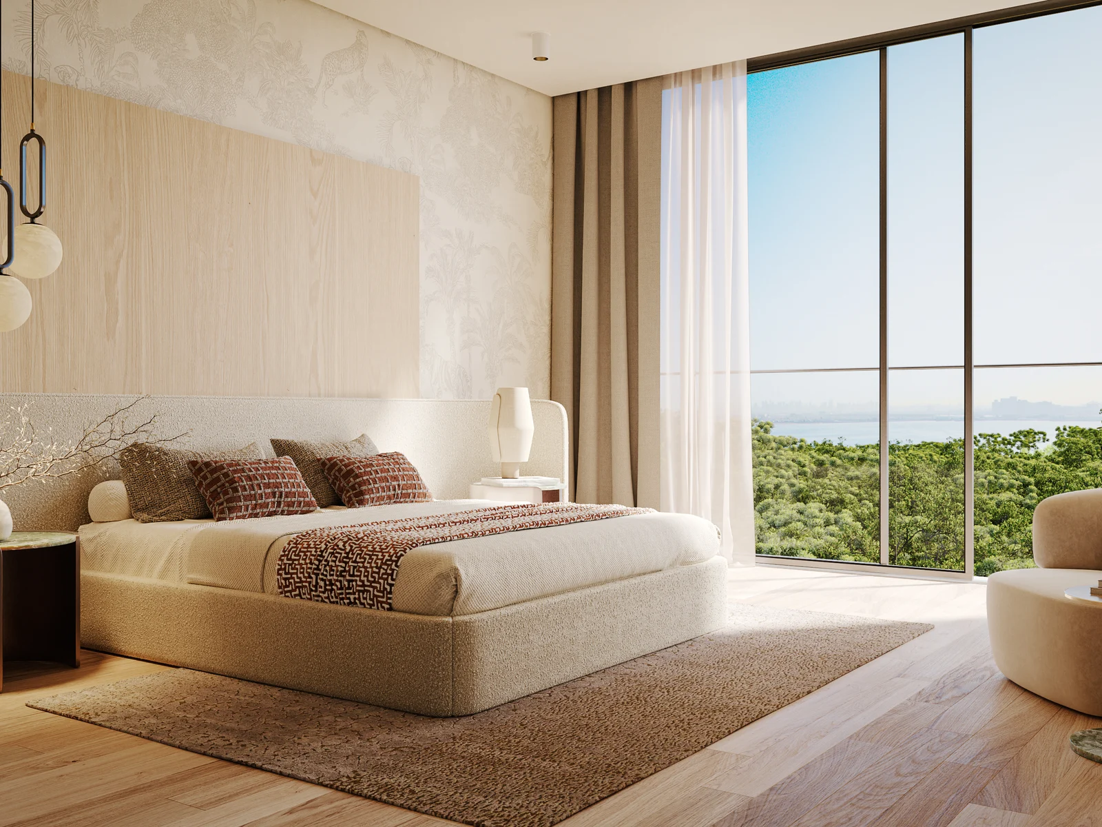 Talea, master bedroom with floor-to-ceiling windows and greenery view