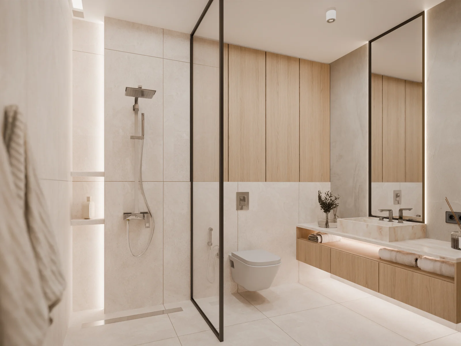 Talea, ensuite bathroom in warm natural tones