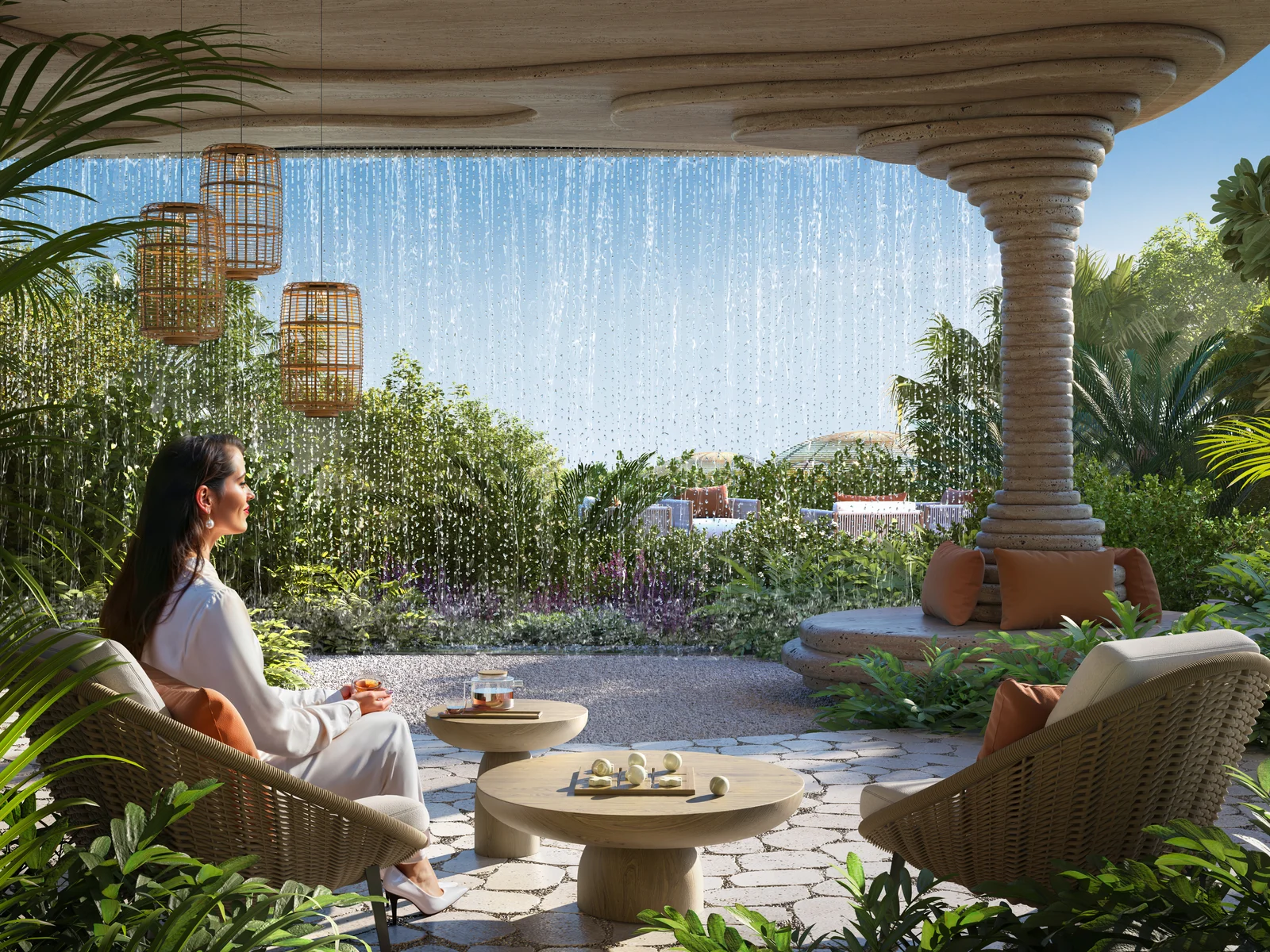 Talea, planted garden area with a water cascade and shaded seating