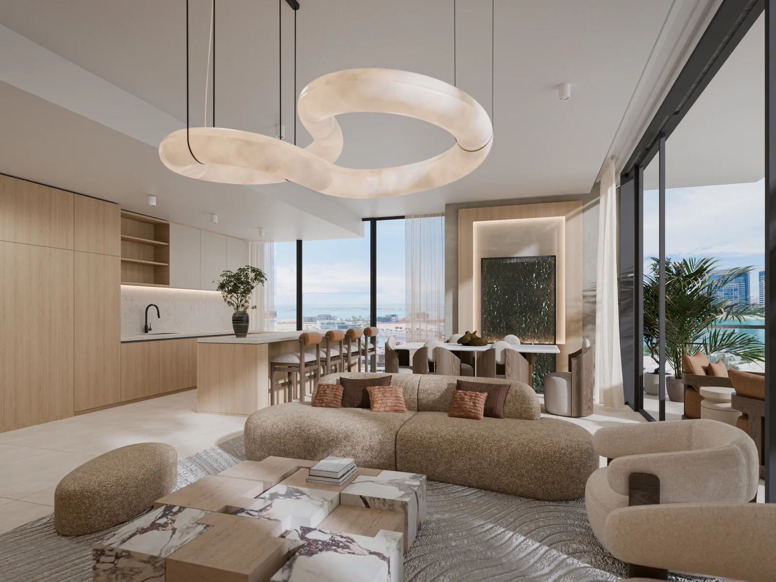 Talea, open kitchen and living area with a view