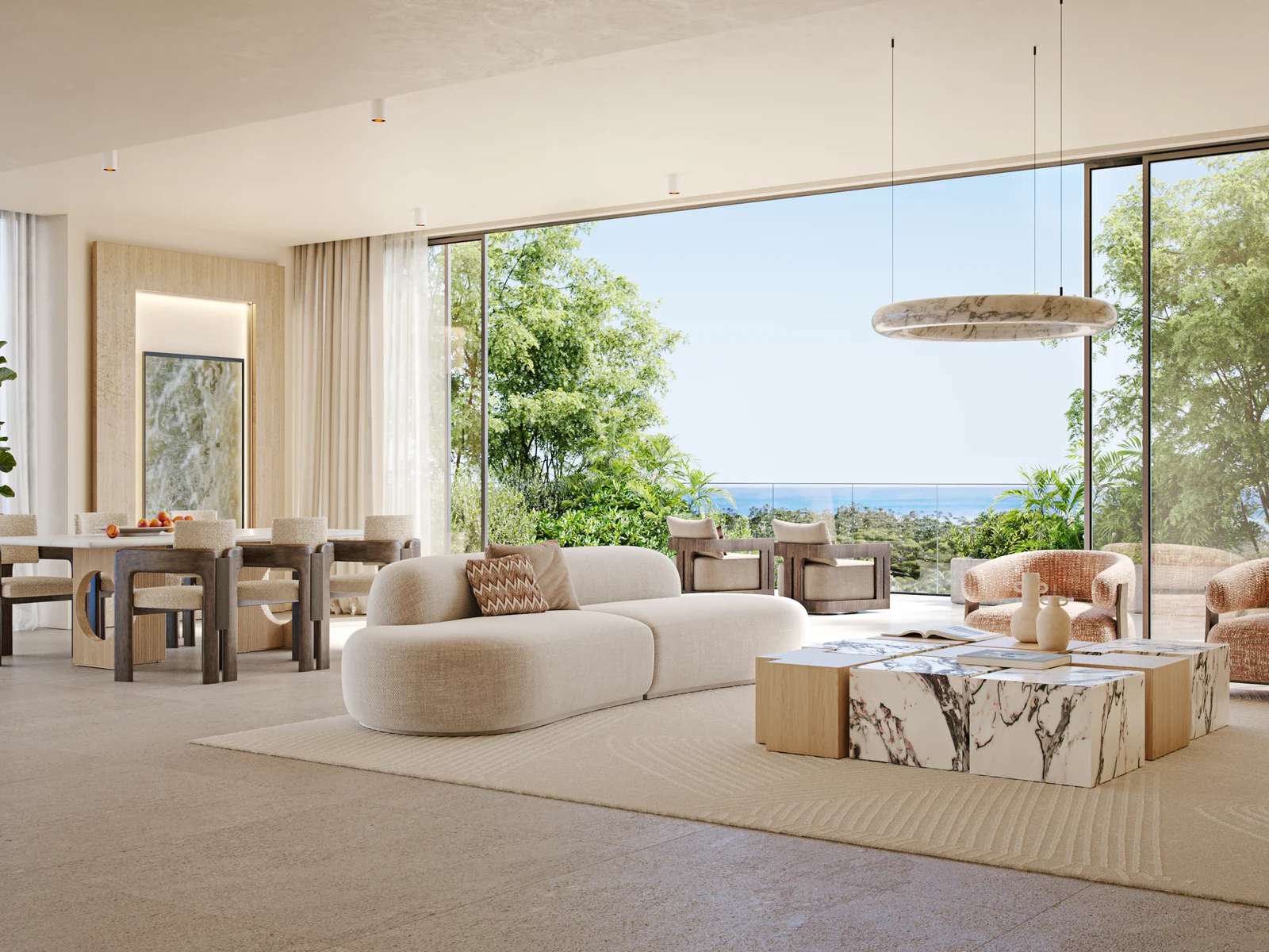 Talea, living and dining area with floor-to-ceiling windows and sea view