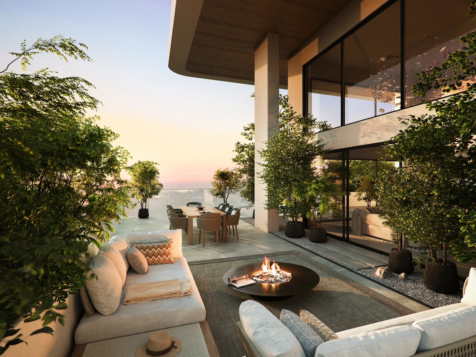 Talea, private terrace with a fire pit and views of sea and forest at sunset