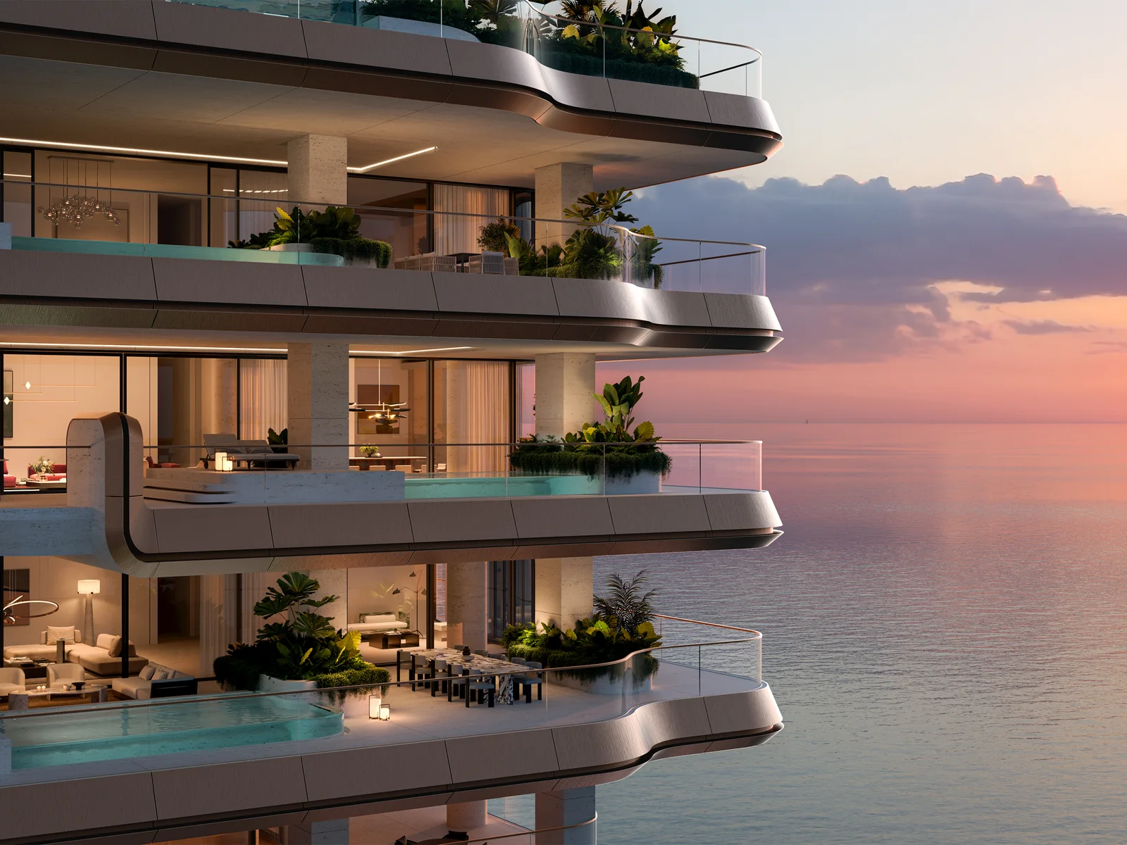 The Alba, curved terraces at sunset