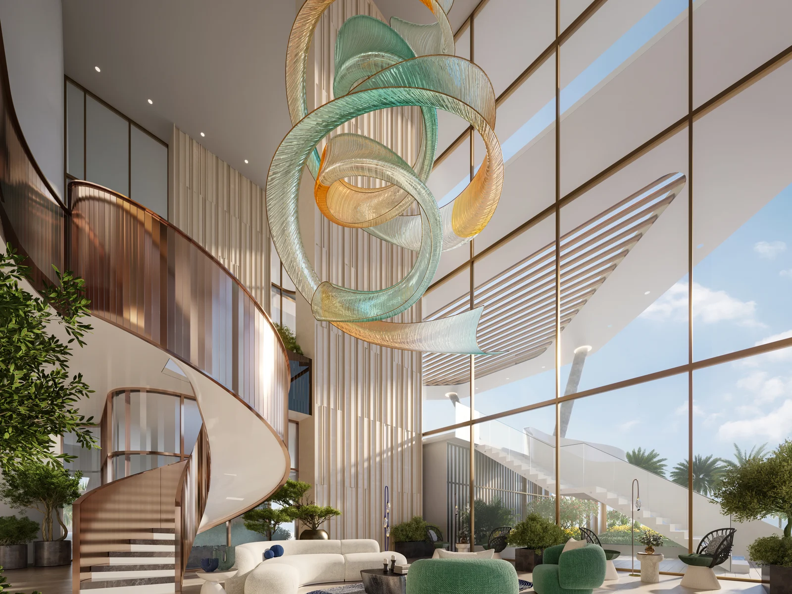 The Mural, lobby with sculpture and curved staircase