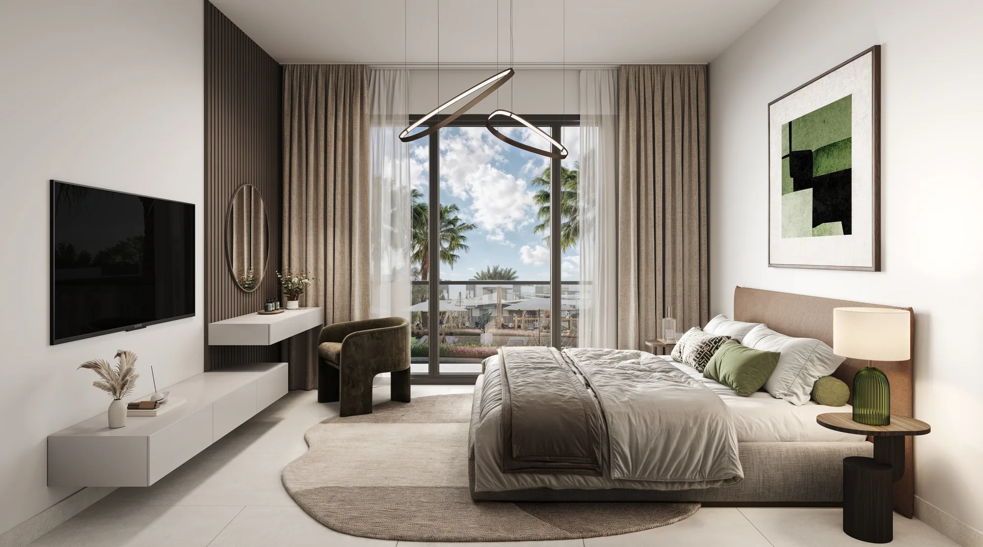 The Wilds Residences, bedroom in warm, dark tones