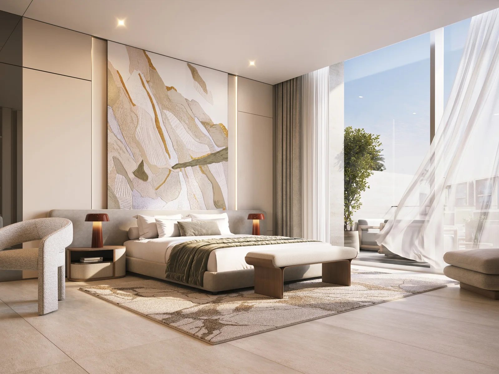 Tilal Binghatti, Master-Schlafzimmer mit Gartenblick