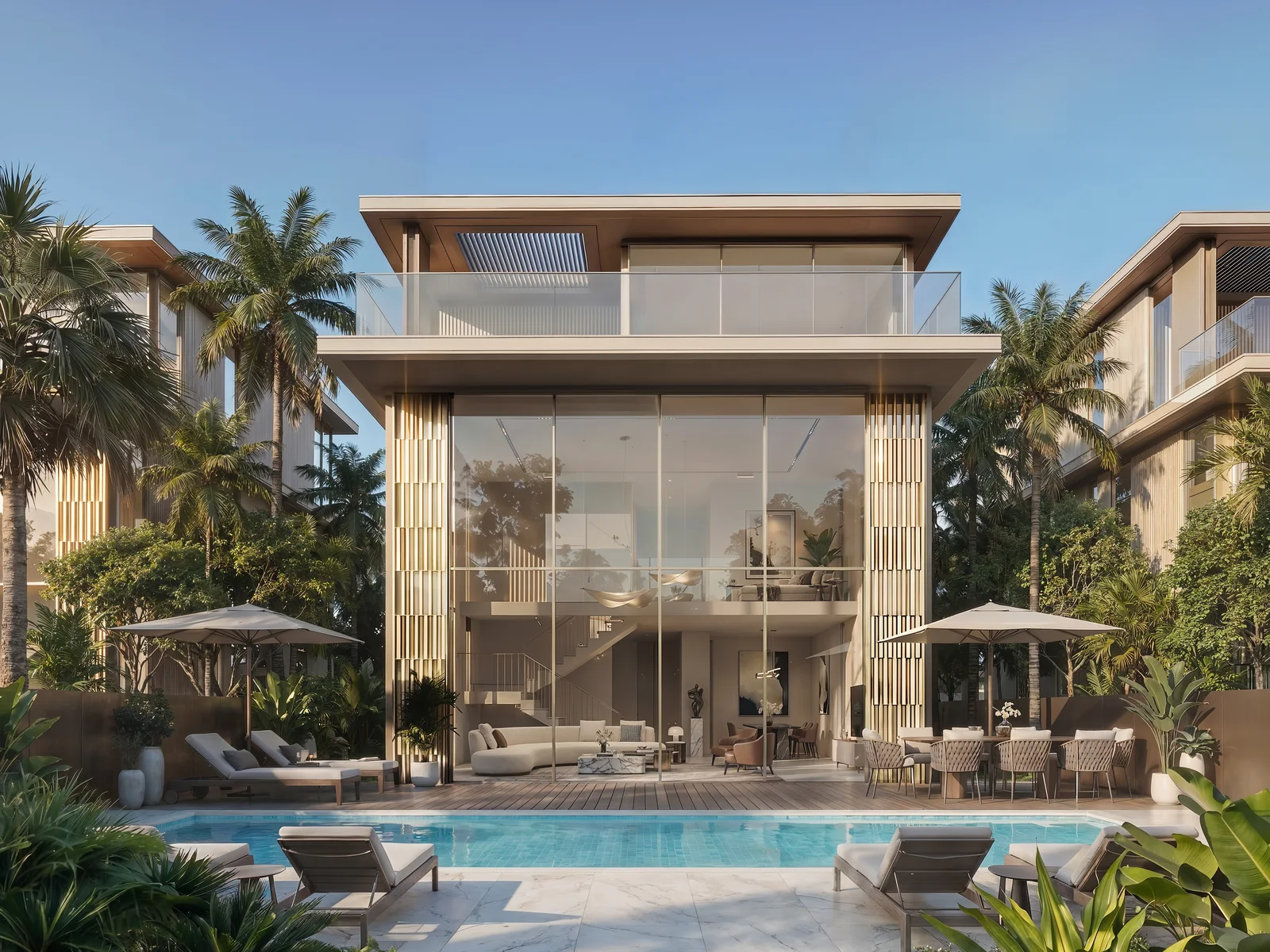 Tilal Binghatti, Grand Mansion mit privatem Resort-Pool bei Dämmerung