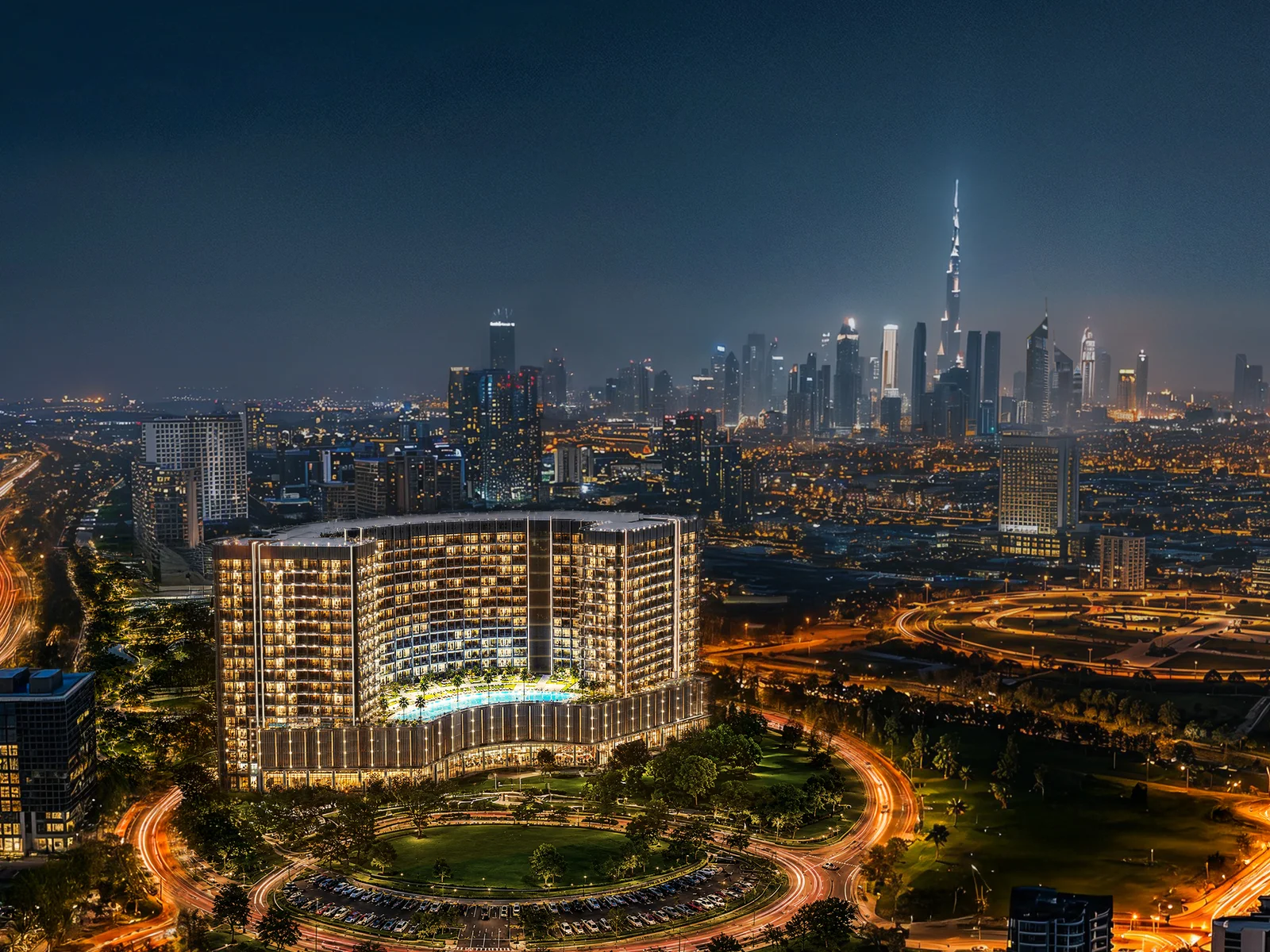 Binghatti Wraith, Luftbild Richtung Downtown und Burj-Khalifa-Skyline