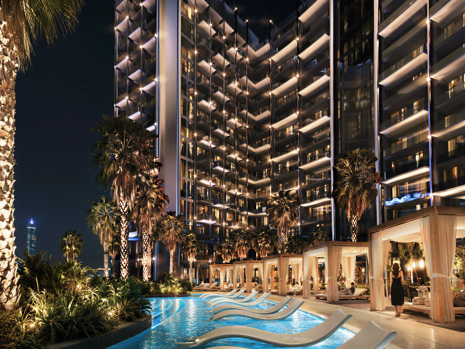 Binghatti Wraith, temperaturgeregelter Infinity-Pool mit Fassade bei Nacht